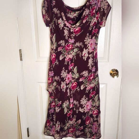 Vtg Connected LP Plum Floral Print Sleevless CowlNeck Beaded Lined Women  Dress - Picture 1 of 16